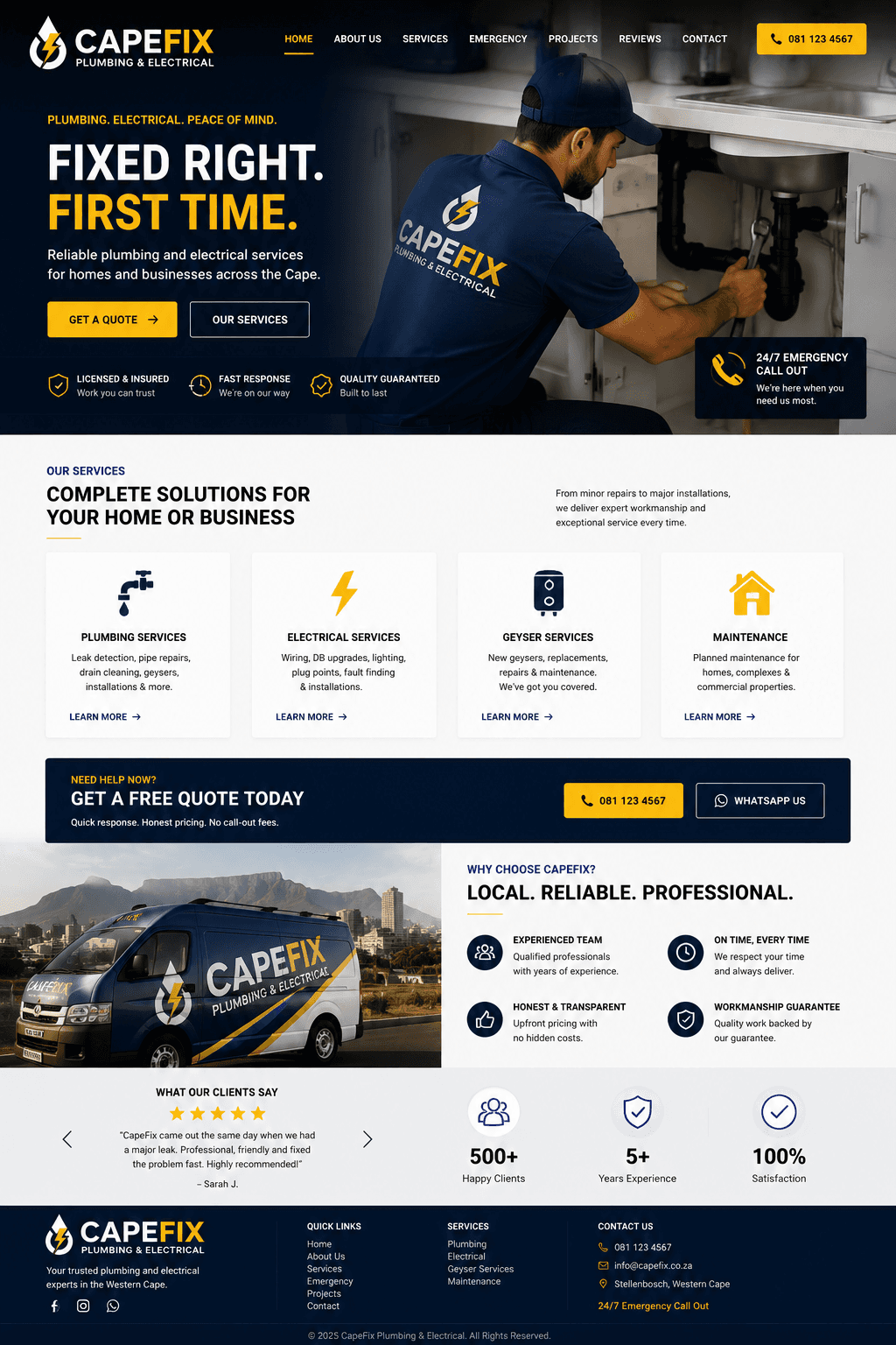 CapeFix Plumbing & Electrical website design — hero, services, emergency call-out, and reviews sections
