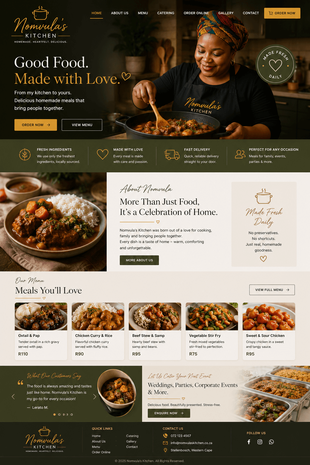 Nomvula's Kitchen website design — hero, about, menu, and catering sections